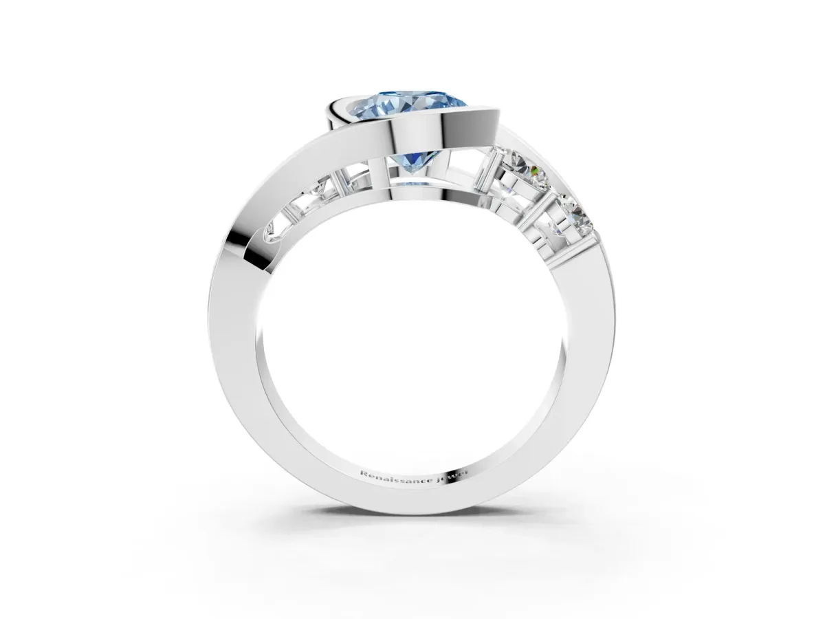 Fancy Blue Bezel Set Round Cut Diamond Bypass Ring with Round Accents Silver