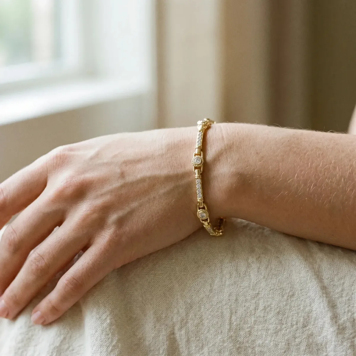 Round Bezel-Set Diamond Tennis Bracelet with Pave Band Yellow gold