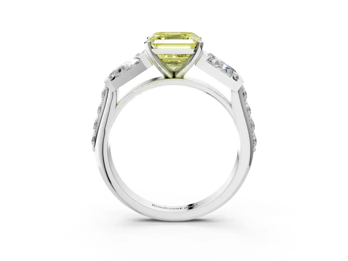 Fancy Yellow Asscher Cut Diamond Engagement Ring with Baguette Side Stones and Channel Set Band Platinum