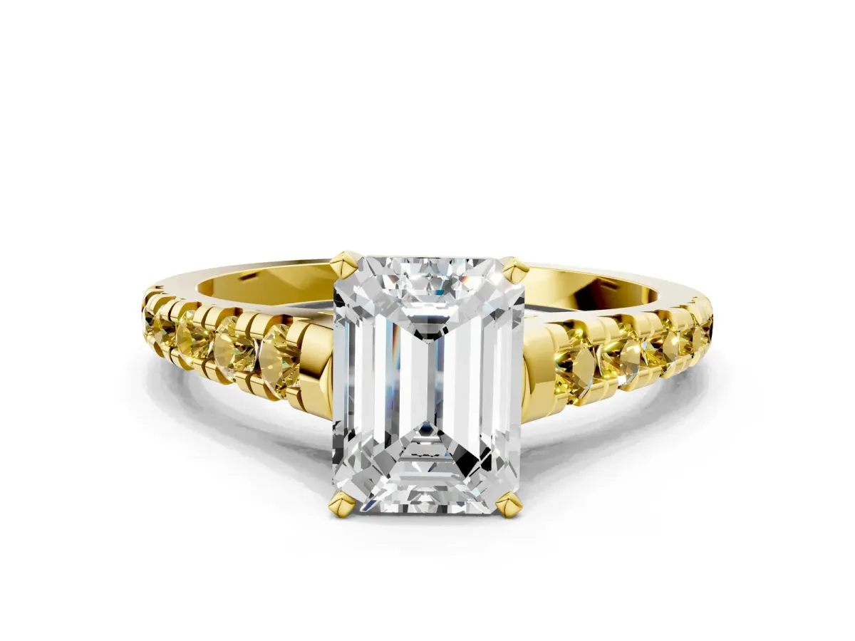 Emerald Cut Diamond Cathedral Solitaire Ring with Round Yellow Sapphire Pavé Band Yellow gold