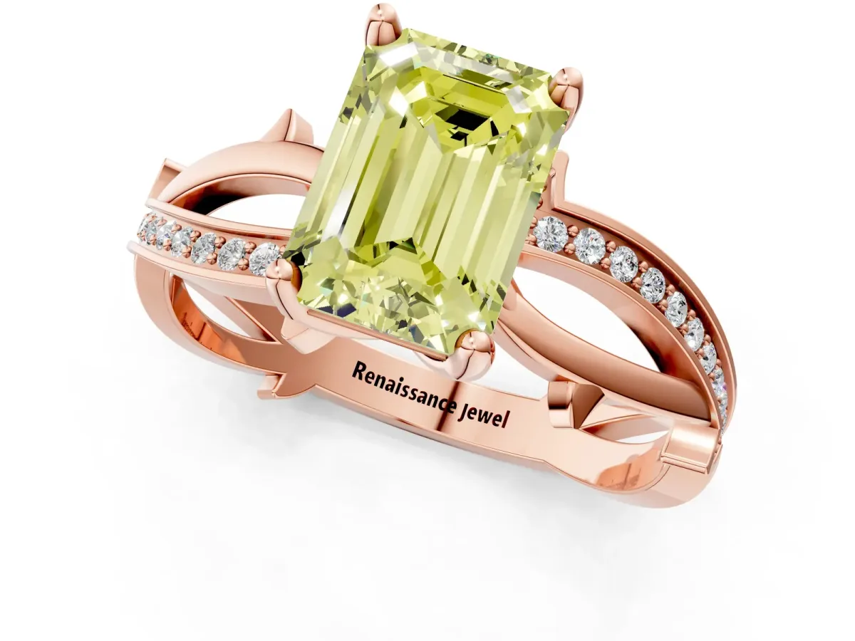 Fancy Yellow Emerald Cut Solitaire Twist Band with Pavé Accents and Four-Prong Setting Rose gold