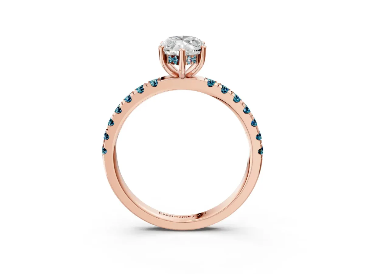 Marquise Cut Diamond Pave Band Solitaire Ring with Round Blue Topaz and Prong Setting Rose gold
