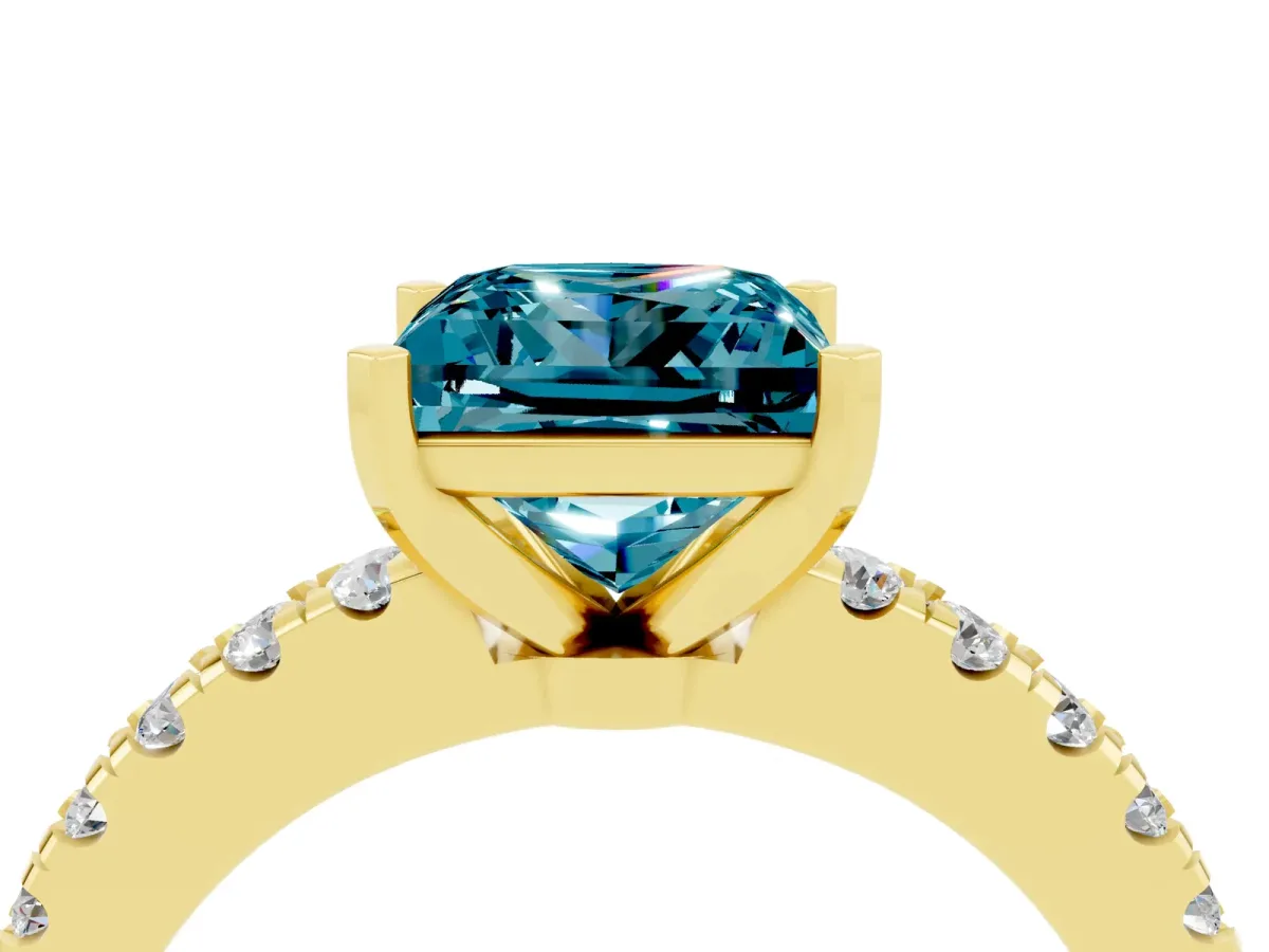 Princess Cut Solitaire Blue Topaz with Pavé Band and Four-Prong Setting Yellow gold