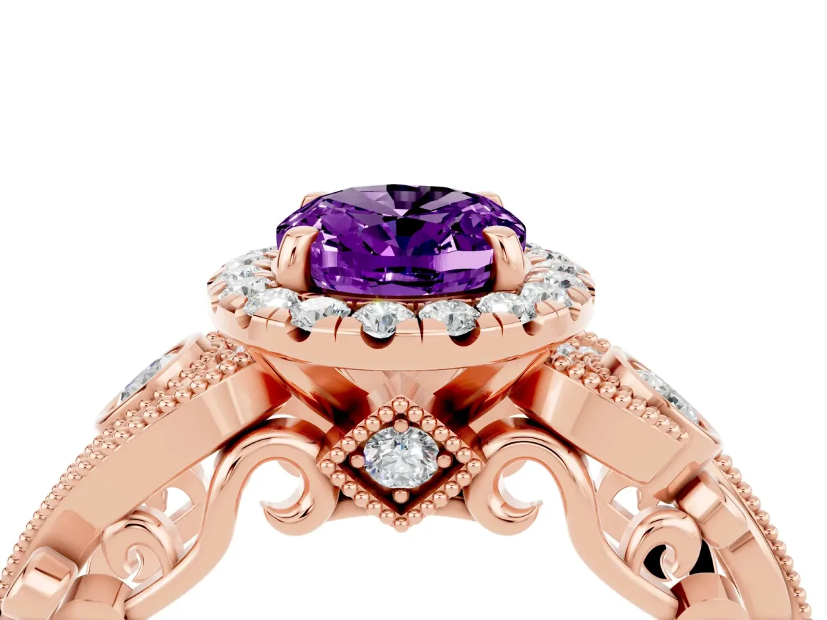Oval Cut Amethyst Halo Ring with Milgrain Pavé Band and Four-Prong Setting Rose gold