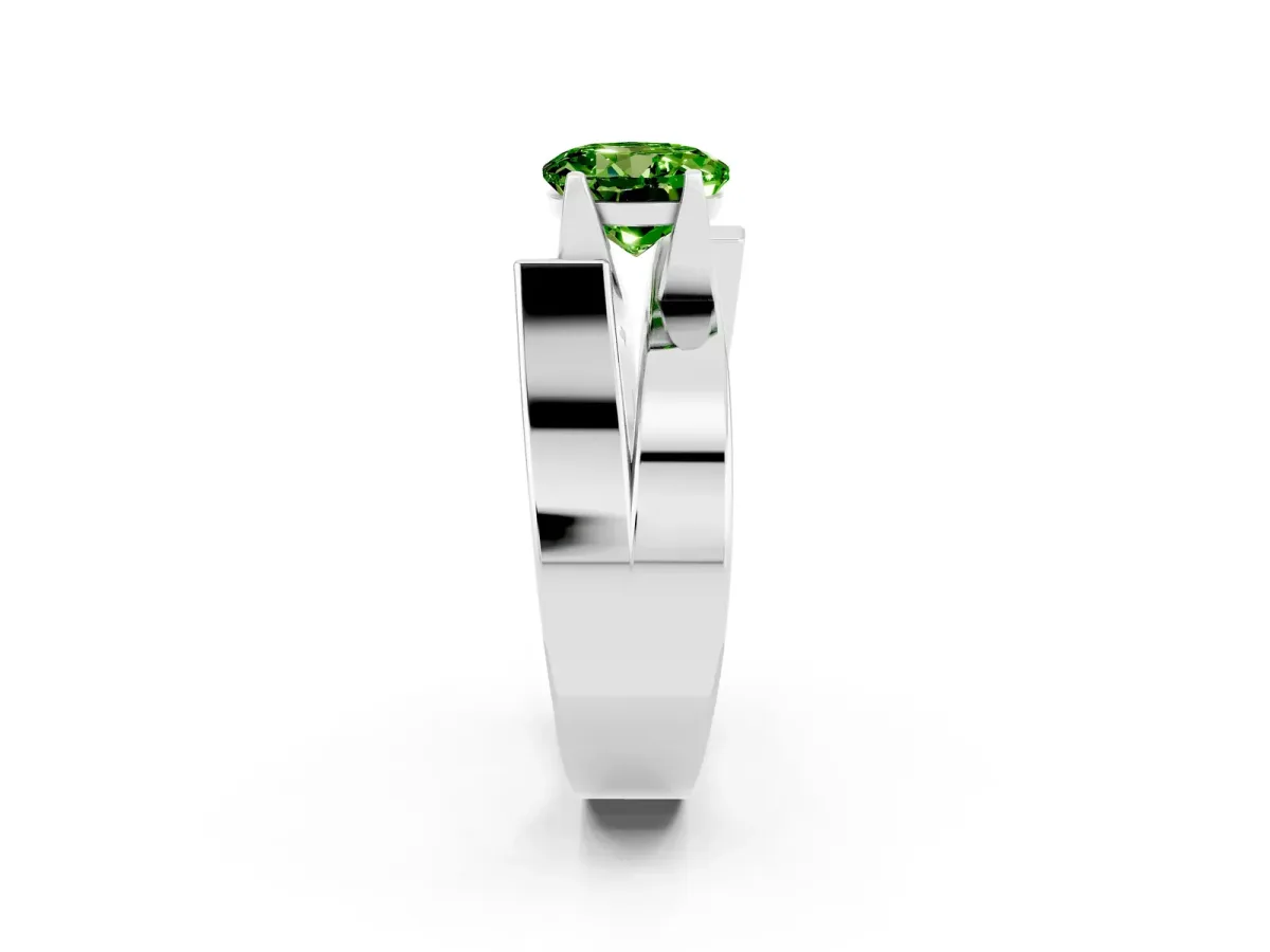 Modern Tension Set Round Cut Peridot Solitaire Wide Band Ring Platinum