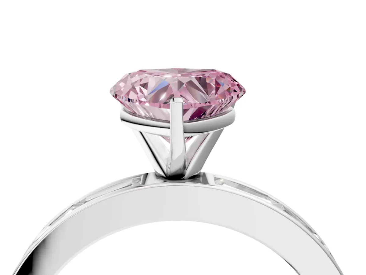 Fancy Pink Heart Cut Solitaire Diamond Ring with Channel-Set Baguette Band and Four-Prong Setting White gold