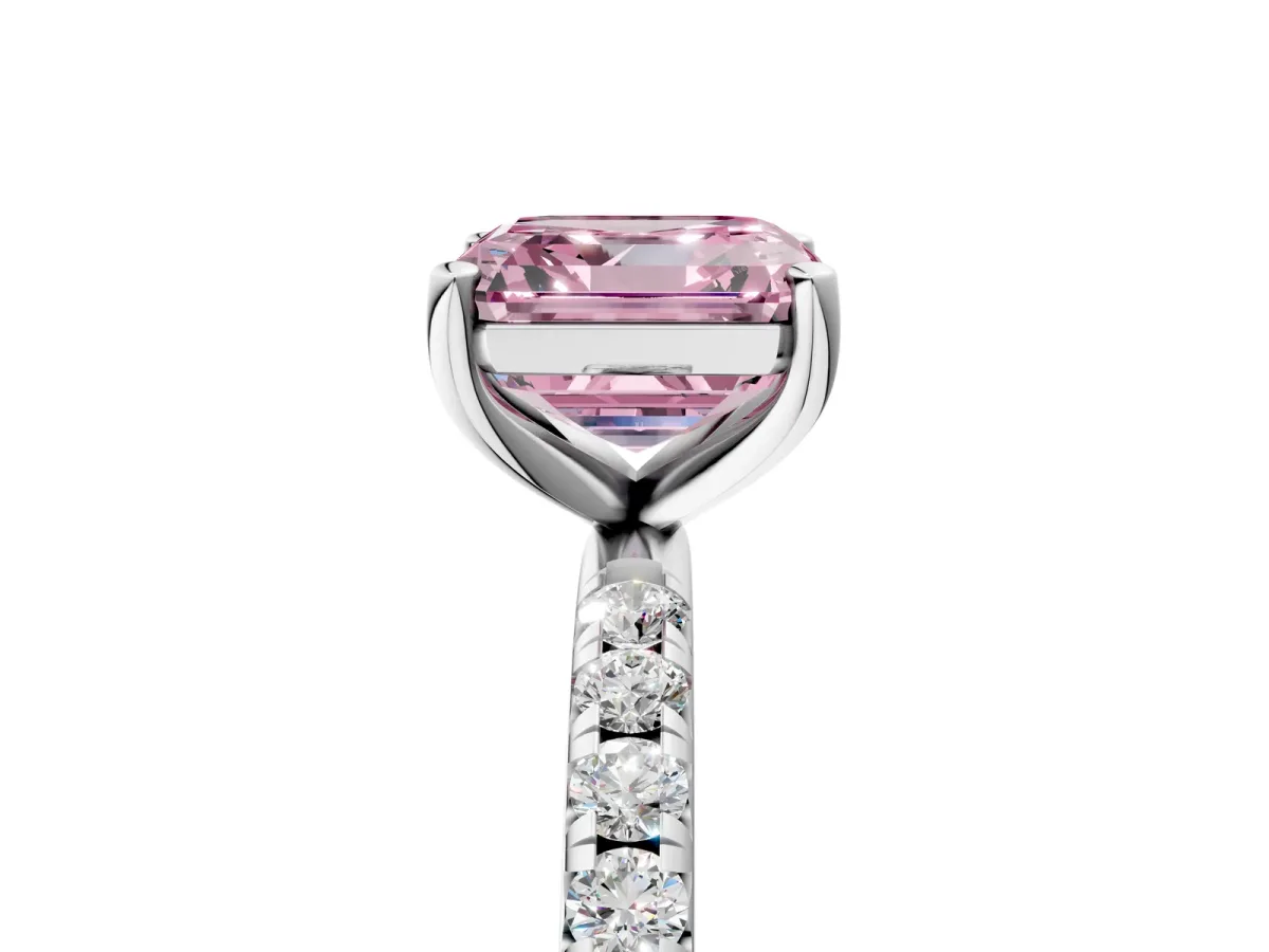 Fancy Pink Asscher Cut Cut Diamond Solitaire Ring with Micro Pave Band and Four Prong Setting Platinum