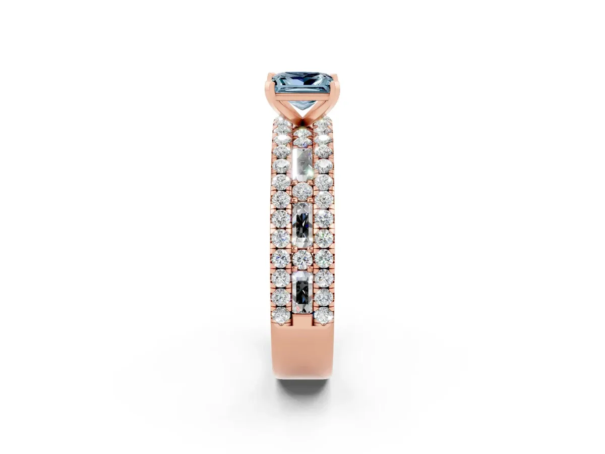 Princess Cut Aquamarine Solitaire Ring with Pavé and Channel Set Band Rose gold