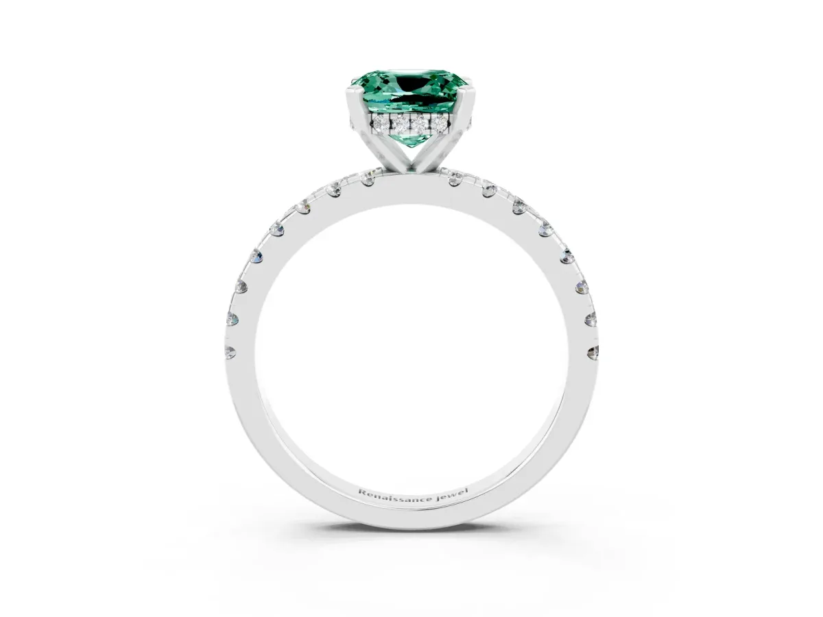 Cushion Cut Green Sapphire Solitaire Ring with Round Pavé Band and Four-Prong Setting White gold