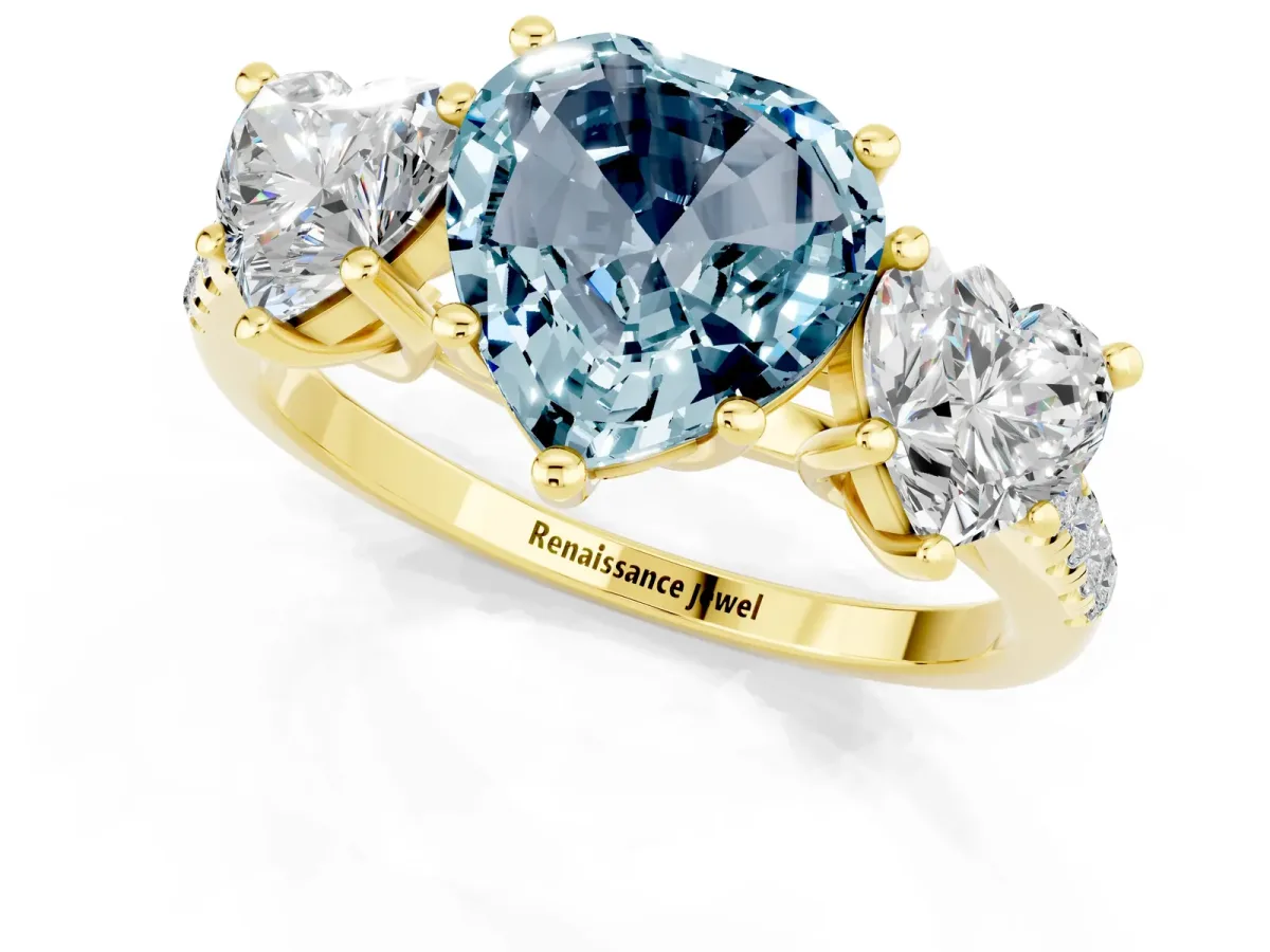 Three-Stone Heart Cut Aquamarine Ring with Round Pavé Band and Prong Setting Yellow gold