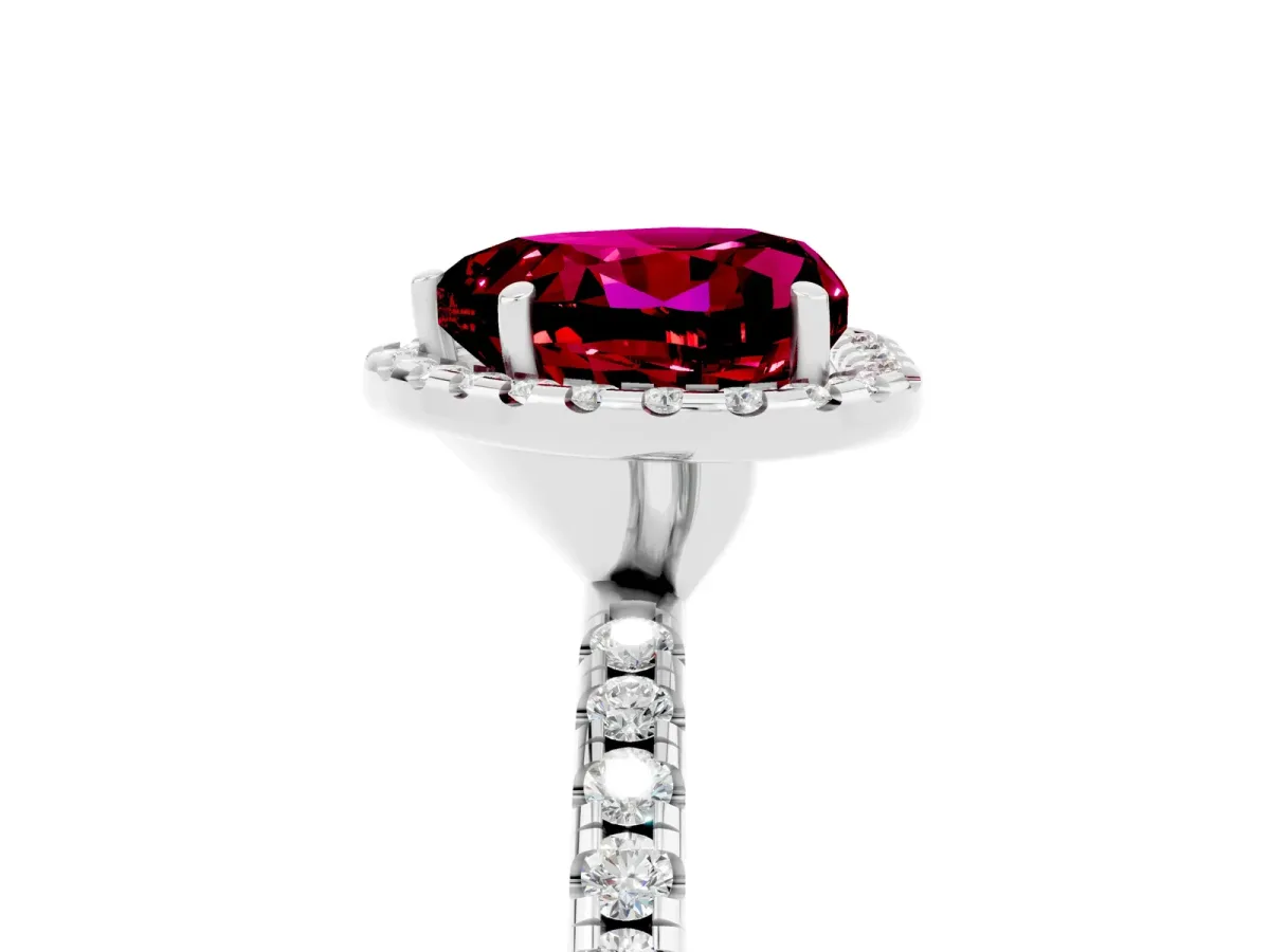 Heart Cut Garnet Halo Engagement Ring with Round Pavé Band and Prong Setting Platinum