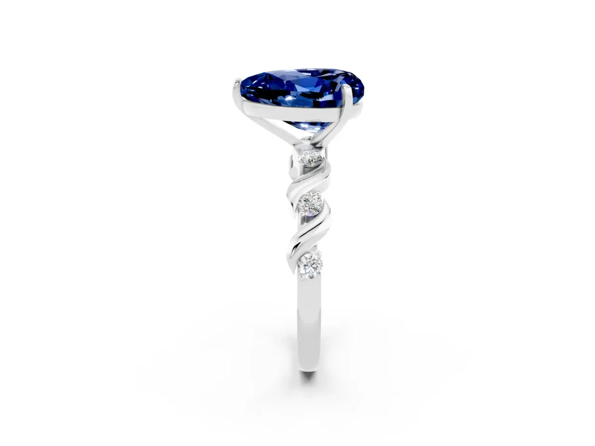 Heart Cut Blue Sapphire Solitaire Twisted Band with Round Accents and Prong Setting White gold