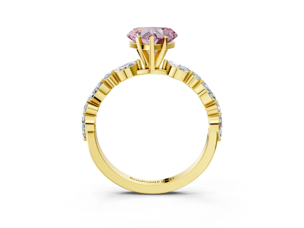 Fancy Pink Heart Cut Diamond Ring with Marquise and Round Side Stones and Four-Prong Setting Yellow gold
