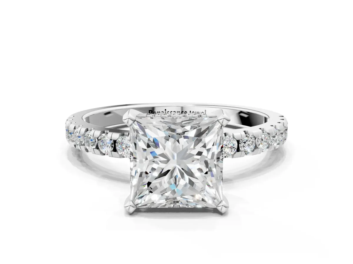 Princess Cut Diamond Solitaire Ring with Round Moissanite Pavé Band and Four-Prong Setting White gold
