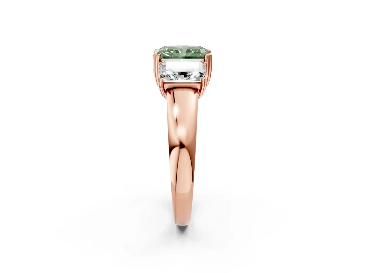 Fancy Green Three-Stone Radiant Cut Cut Diamond Ring with Channel Set Band and Four-Prong Setting Rose gold