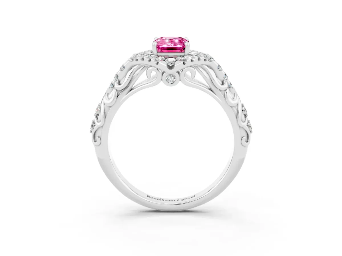 Emerald Cut Pink Sapphire Solitaire Ring with Hidden Halo and Pavé Band White gold
