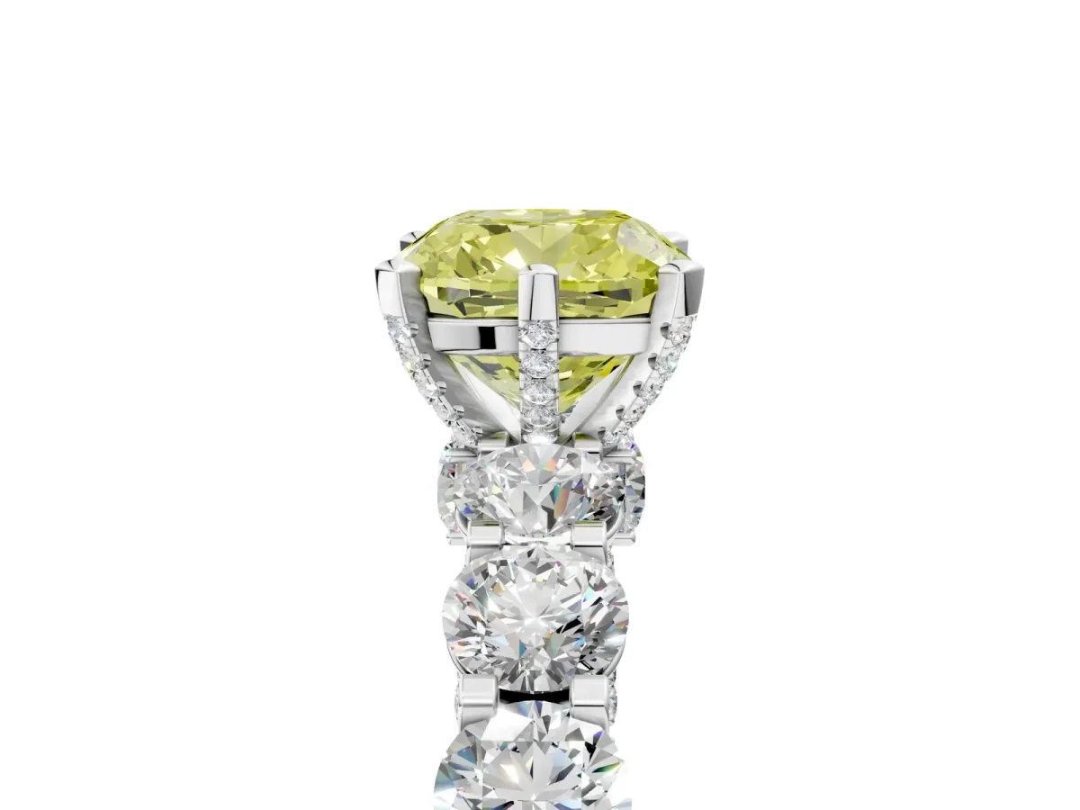Fancy Yellow Cushion Cut Diamond Side Stone Engagement Ring with Four-Prong Setting Silver