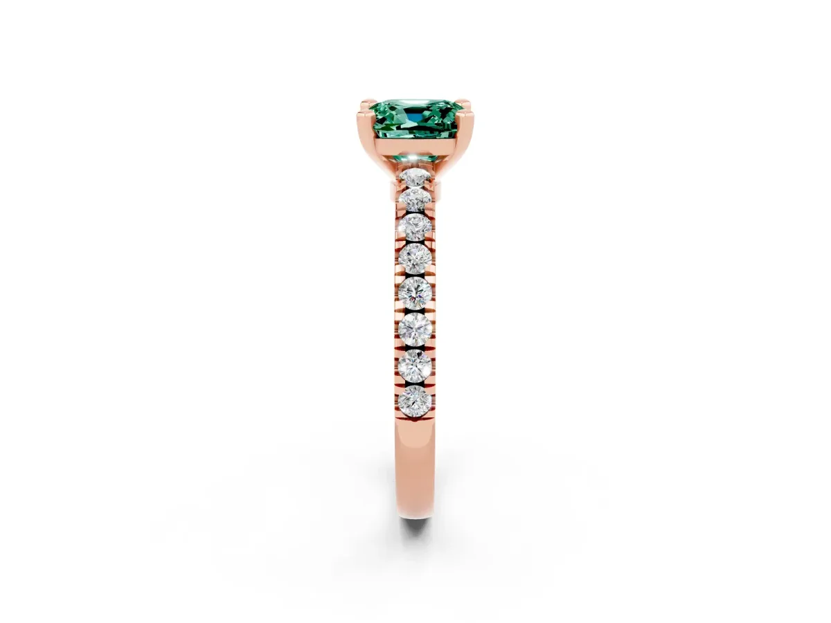 Cushion Cut Solitaire Green Sapphire with Pavé Band and Four-Prong Setting Rose gold