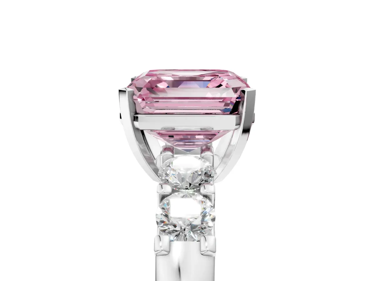 Fancy Pink Asscher Cut Brilliant Cut Diamond Five-Stone Prong Set Engagement Ring with Channel Band Platinum