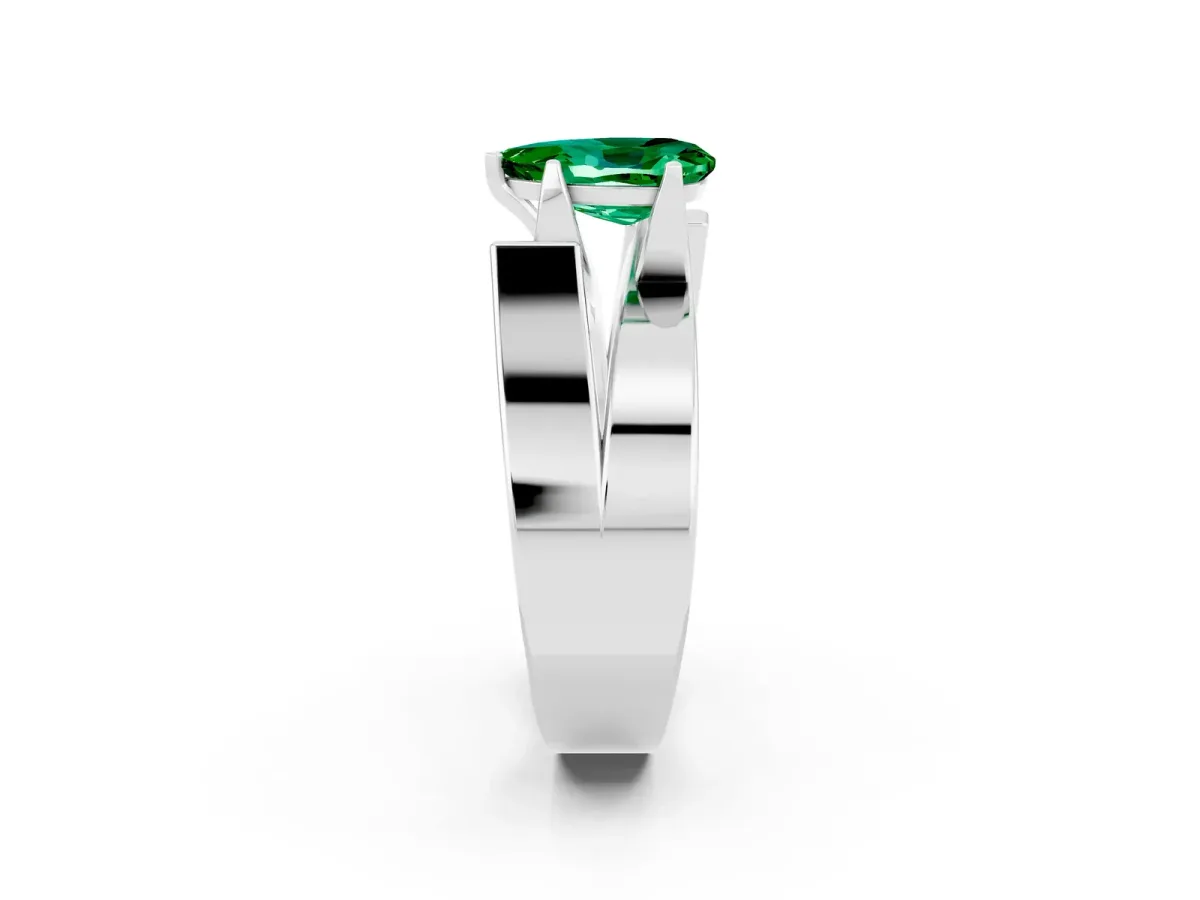 Modern Tension Set Pear Cut Emerald Solitaire Wide Band Ring White gold