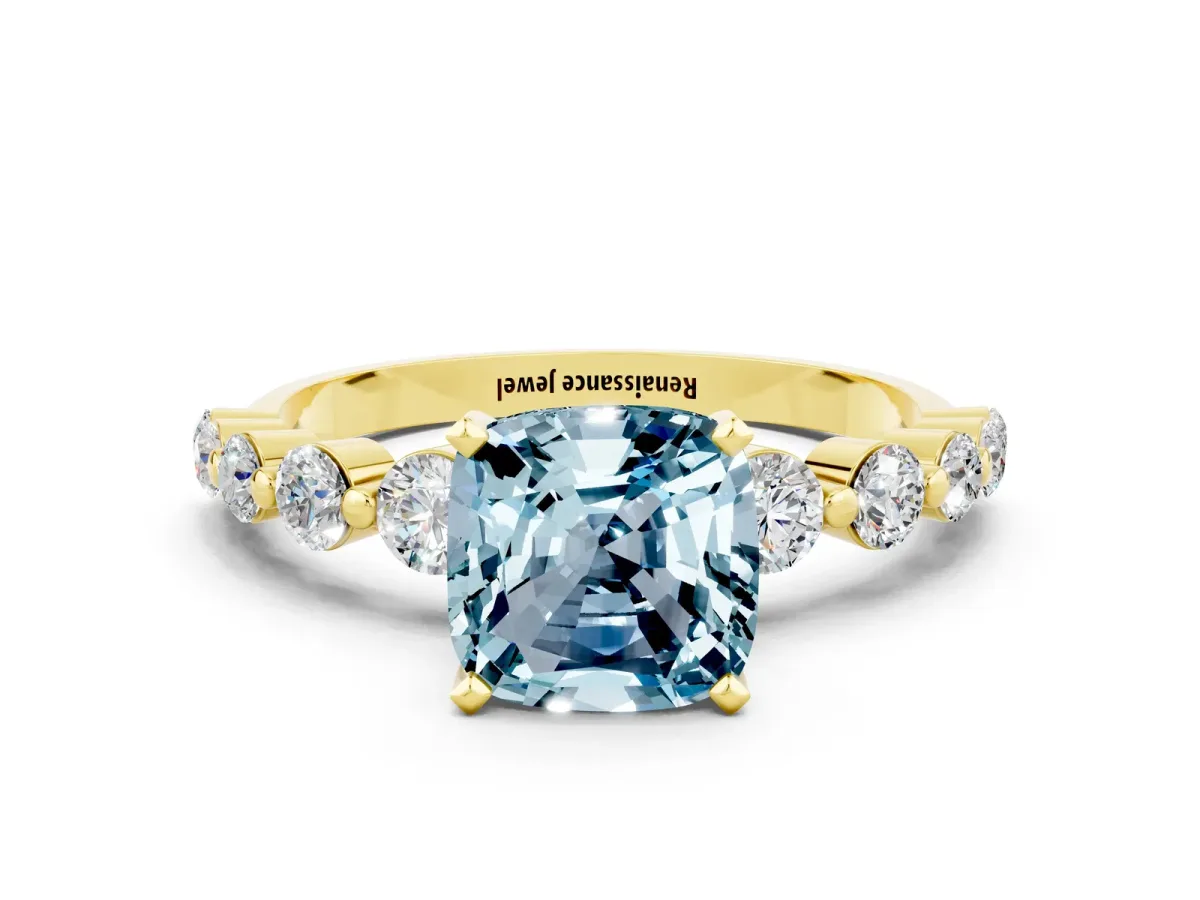 Cushion Cut Solitaire Aquamarine Ring with Pave Band and Four-Prong Setting Yellow gold