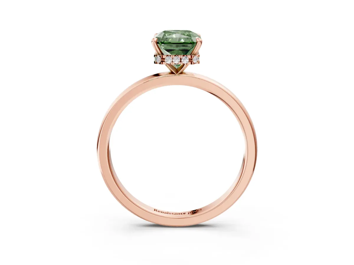 Fancy Green Radiant Cut Solitaire Engagement Ring with Cathedral Band and Four-Prong Setting Rose gold