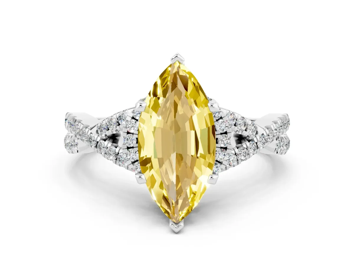 Marquise Cut Yellow Sapphire Halo Twist Band Solitaire Prong Setting Ring White gold