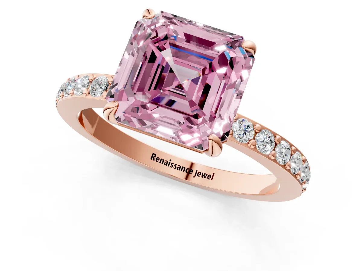Fancy Pink Asscher Cut Diamond Solitaire Engagement Ring with Pavé Band and Four-Prong Setting Rose gold