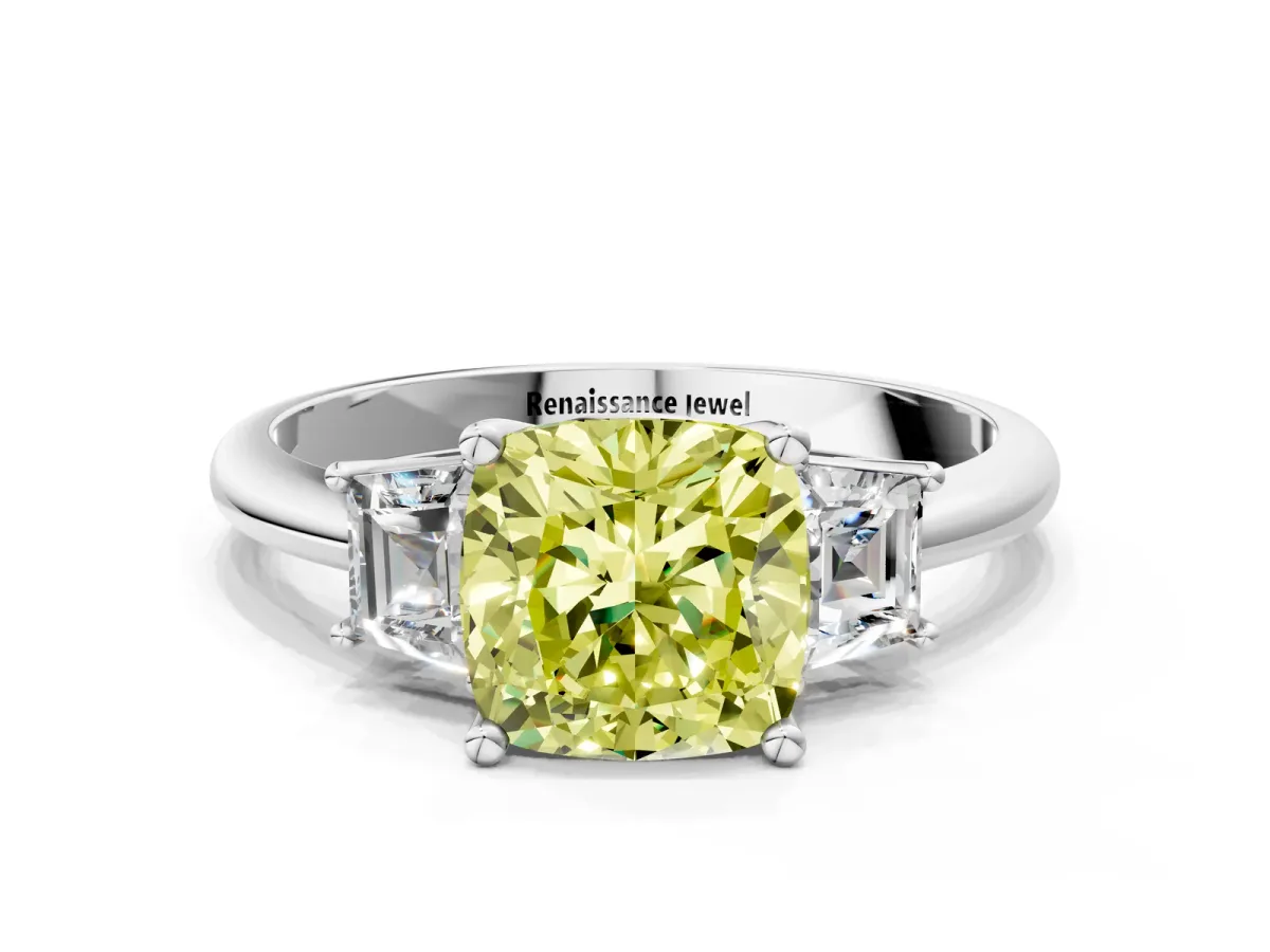Fancy Yellow Cushion Cut Diamond Three-Stone Ring with Trapezoid Side Stones and Prong Setting Platinum