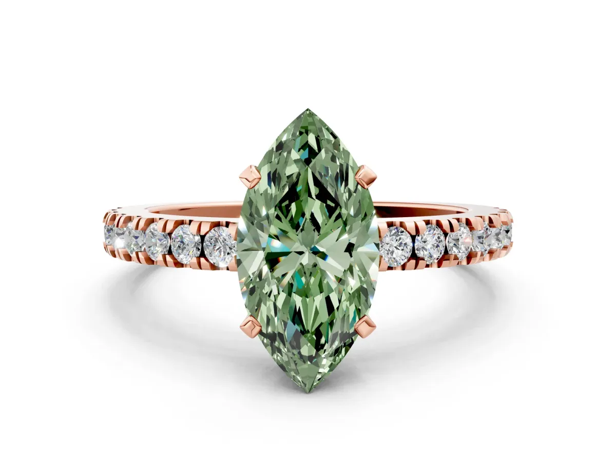 Fancy Green Marquise Cut Solitaire Diamond with Pavé Band and Four-Prong Setting Rose gold
