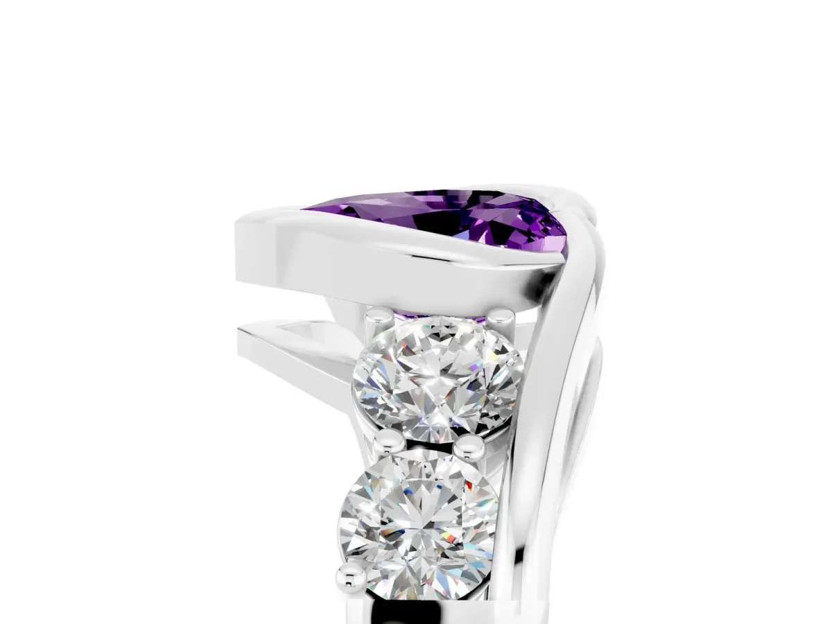 Bezel Set Heart Cut Amethyst Bypass Ring with Round Accents Silver