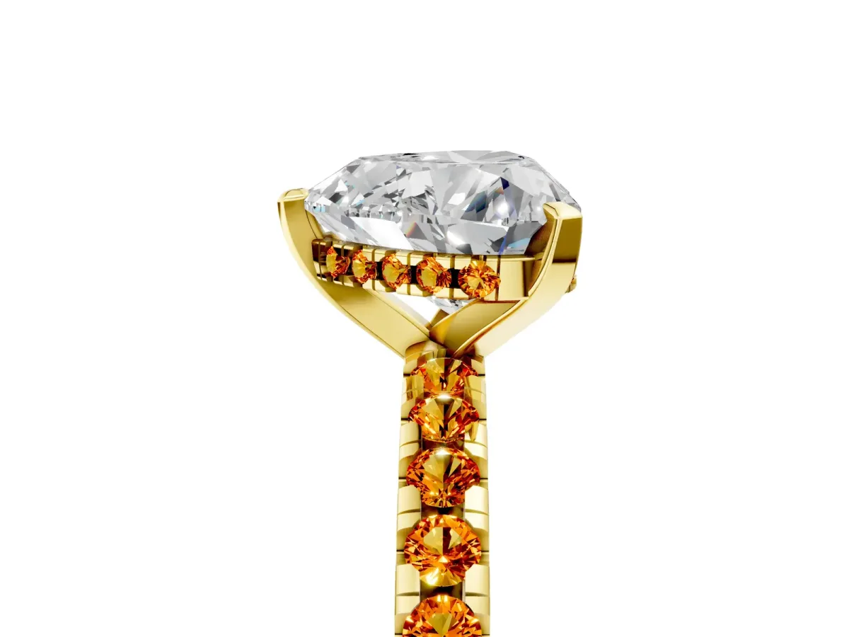 Heart Cut Diamond Solitaire Ring with Round Citrine Pavé Band and Four-Prong Setting Yellow gold