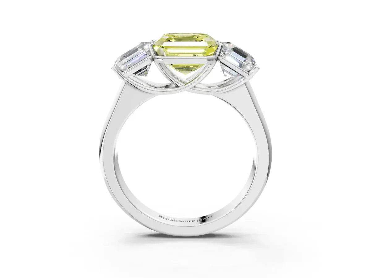 Fancy Yellow Asscher Cut Three-Stone Diamond Ring with Prong Setting on a Classic Band Platinum
