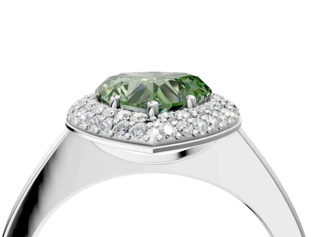 Fancy Green Heart Cut Halo Diamond Engagement Ring with Solitaire Band and Four-Prong Setting Platinum