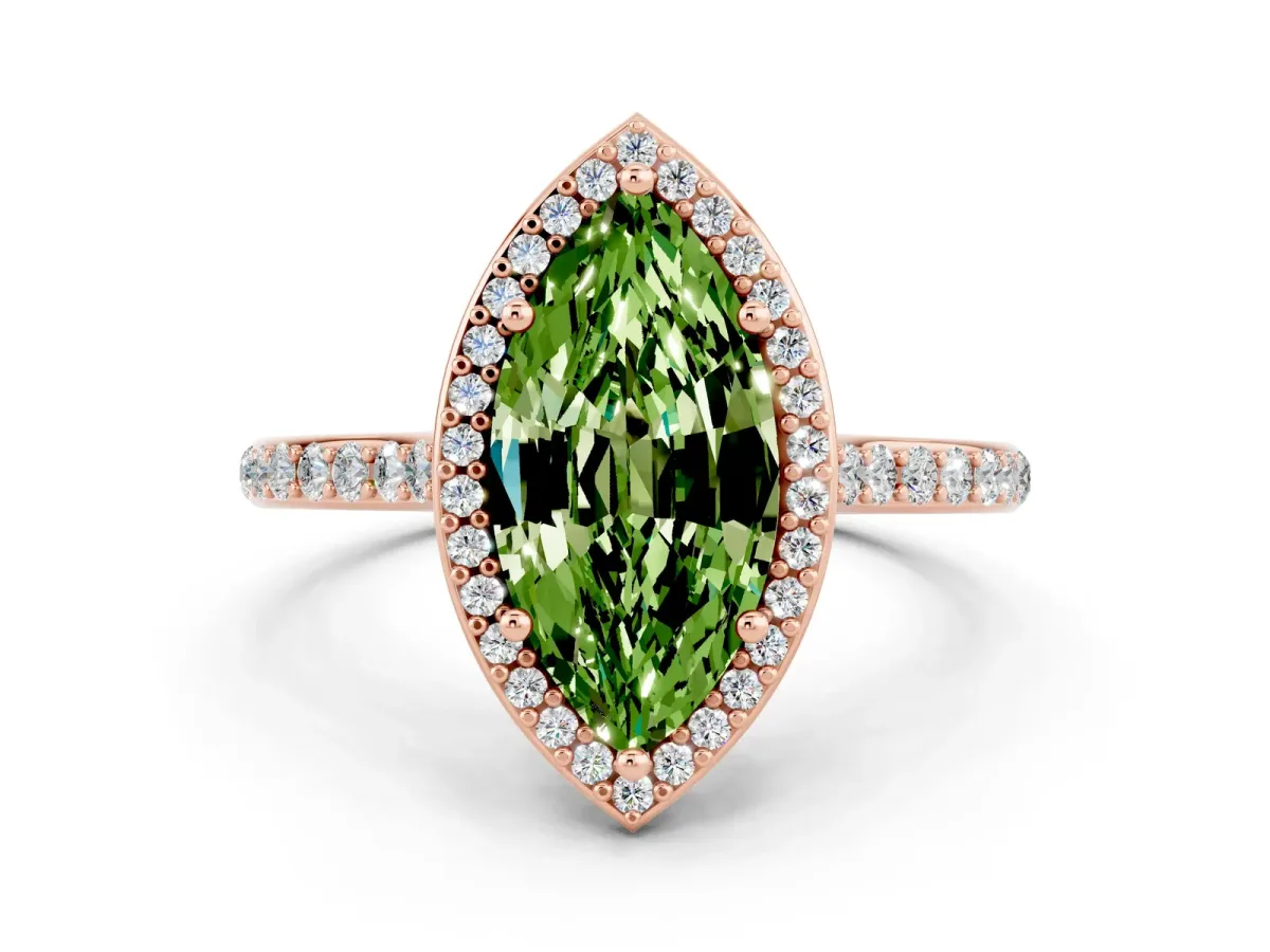 Marquise Cut Peridot Halo Engagement Ring with Round Pavé Shoulders and Prong Setting Rose gold
