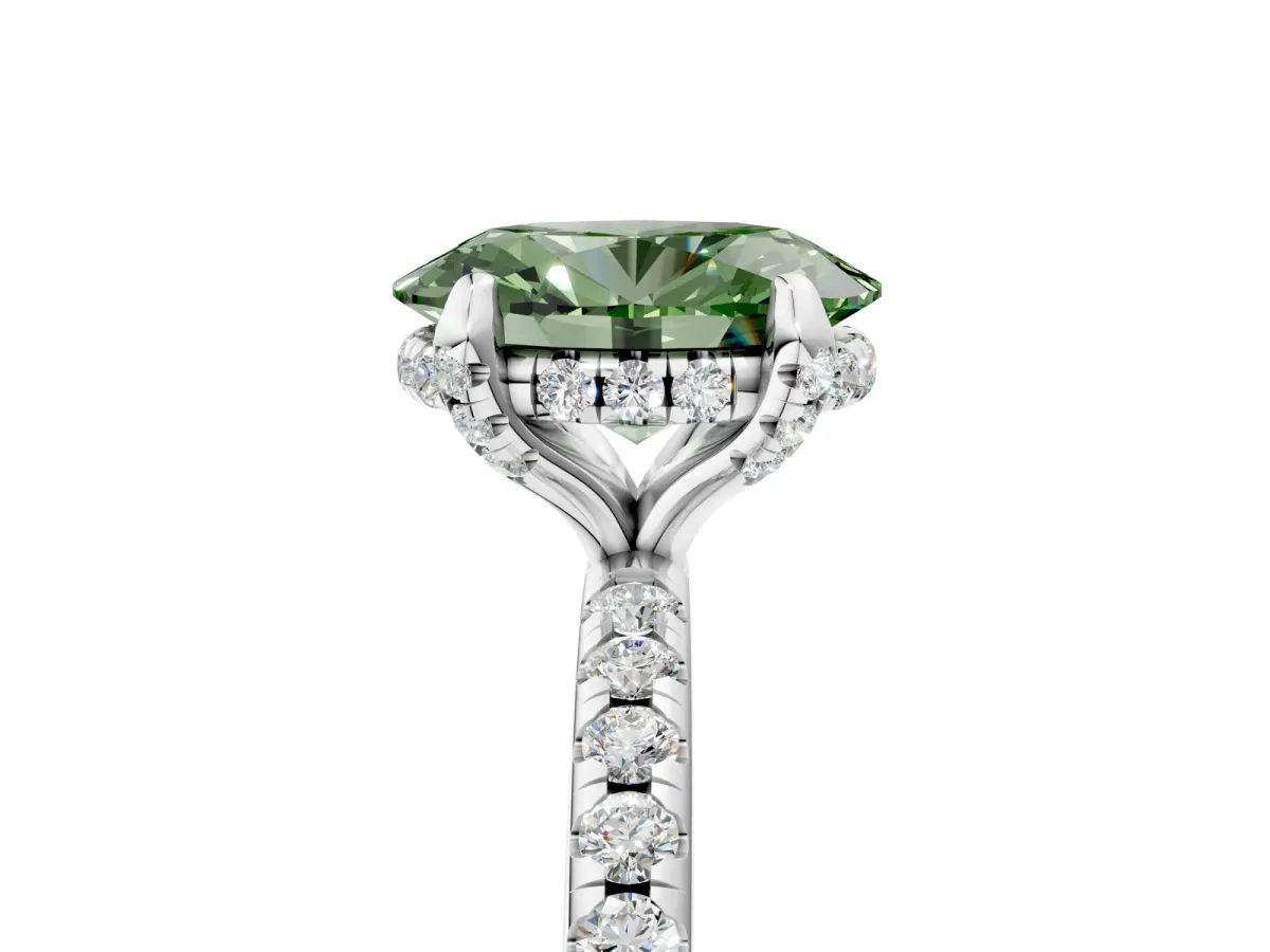 Fancy Green Oval Cut Diamond Hidden Halo Engagement Ring with Round Pavé Band and Prong Setting Silver