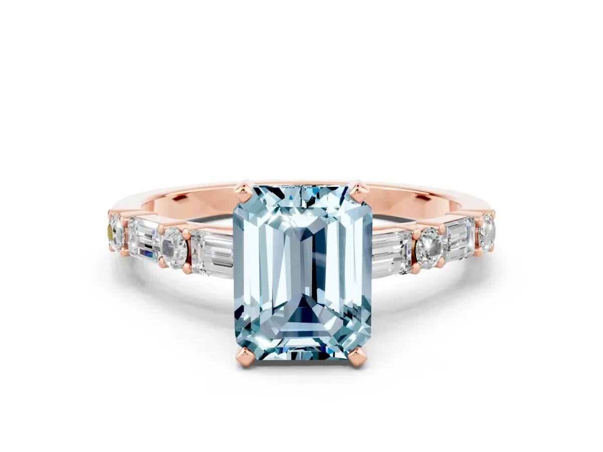 Emerald Cut Aquamarine Solitaire with Side Baguettes and Channel Set Band Rose gold