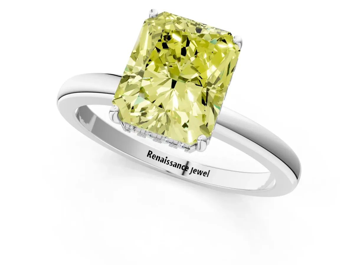 Fancy Yellow Radiant Cut Solitaire Diamond Ring with Prong Setting and Plain Band Silver
