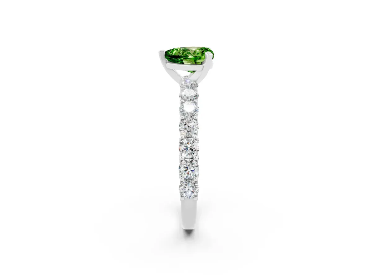 Heart Cut Peridot Solitaire Ring with Shared Prong Pavé Band and Four-Prong Setting Silver