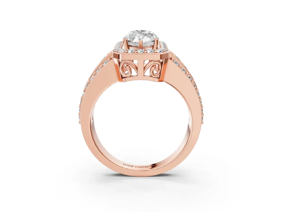 Marquise Cut Halo Diamond Ring with Round Split Shank and Prong Setting Rose gold