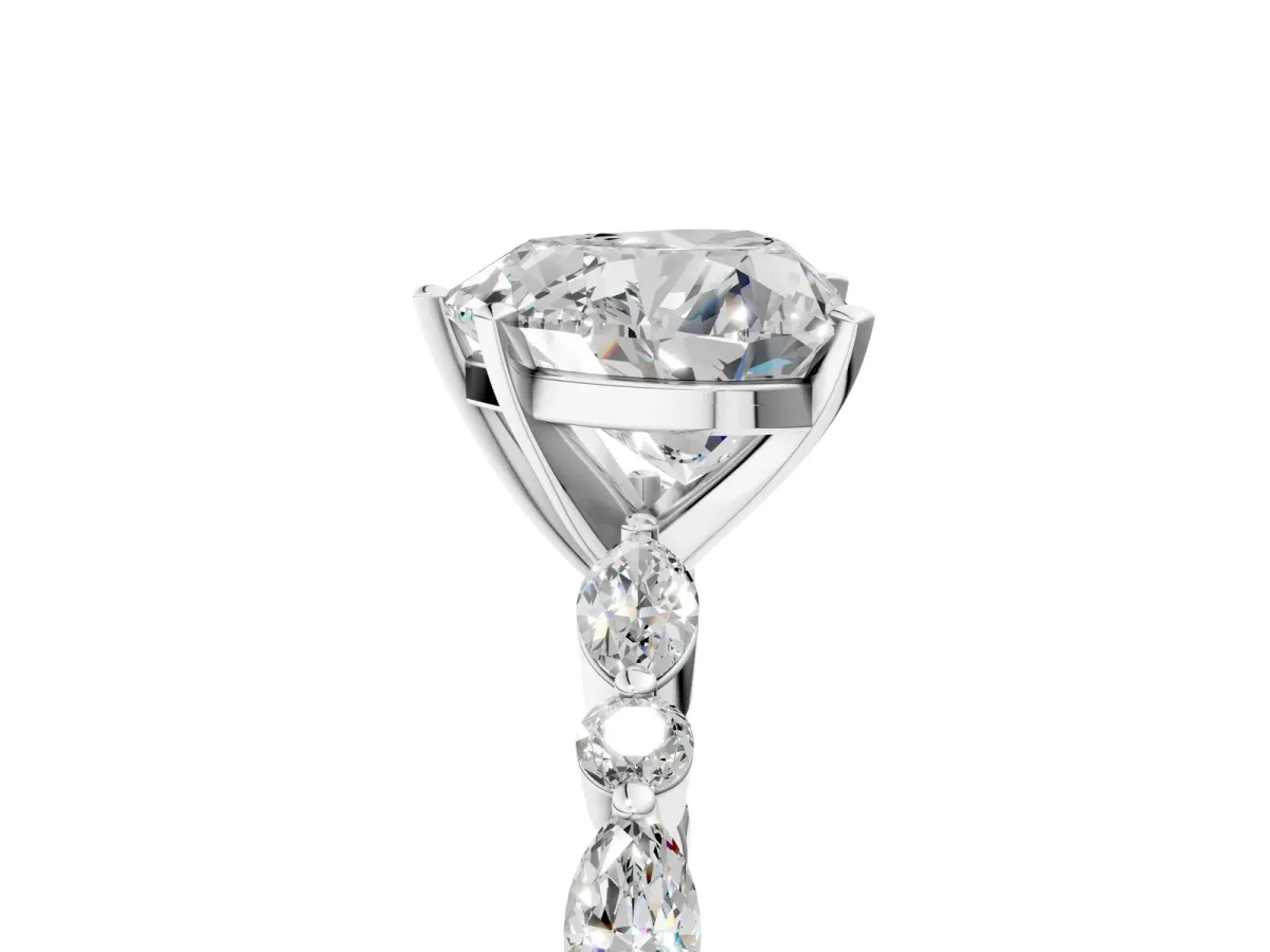 Heart Cut Diamond Ring with Marquise and Round Side Stones and Four-Prong Setting White gold