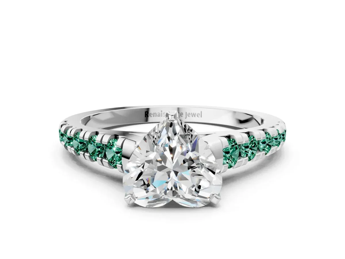 Heart Cut Diamond Cathedral Solitaire Ring with Round Green Sapphire Pavé Band White gold