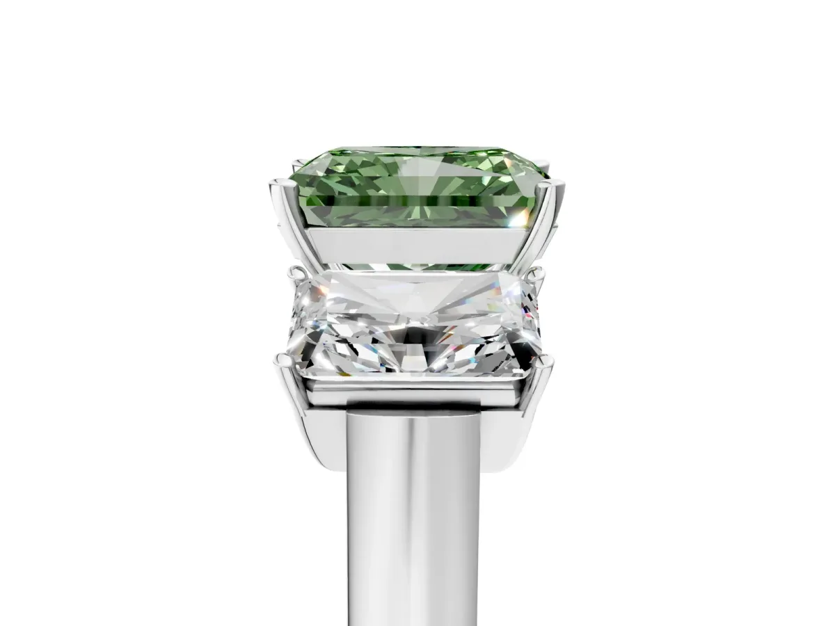Fancy Green Three-Stone Radiant Cut Brilliant Diamond Trellis Ring with Comfort Fit Band Platinum