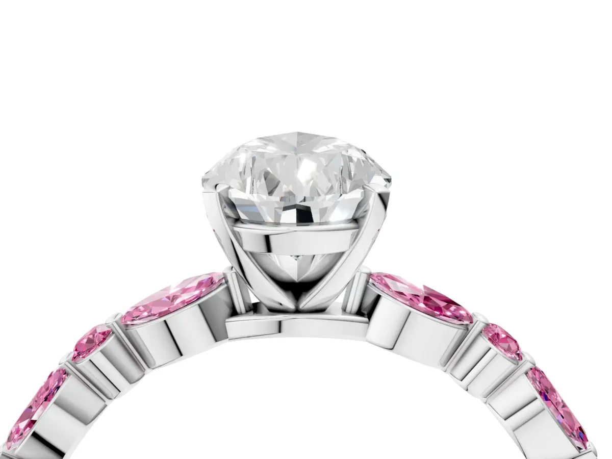 Pear Cut Diamond Ring with Marquise and Round Pink Sapphire Side Stones and Four-Prong Setting White gold