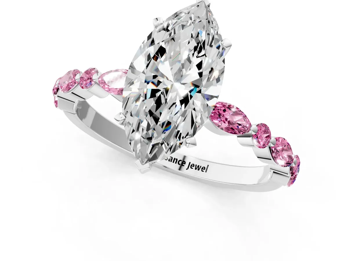 Marquise Cut Diamond Ring with Marquise and Round Pink Sapphire Side Stones and Four-Prong Setting Platinum