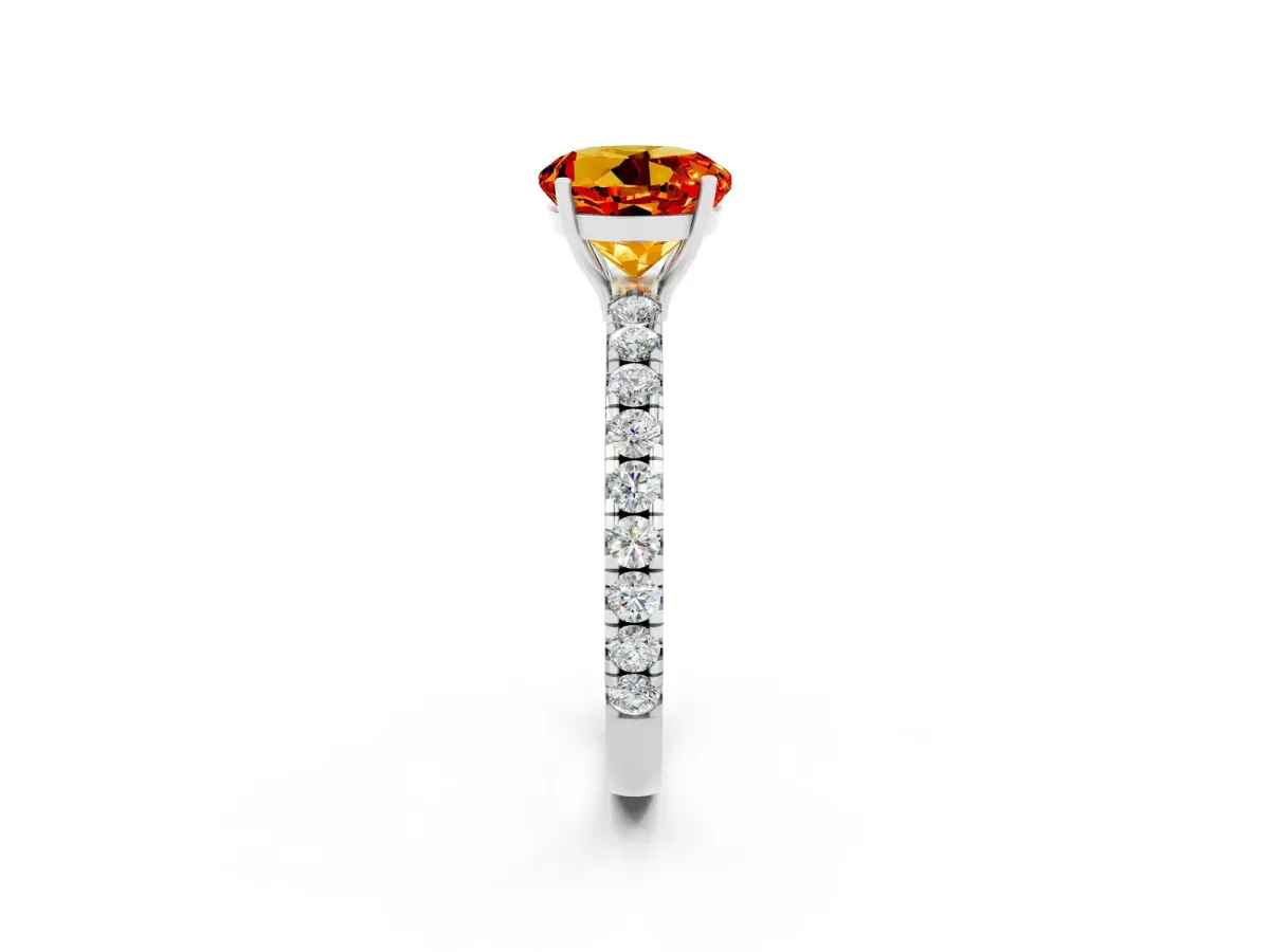 Round Cut Citrine Pavé Solitaire Engagement Ring with Four-Prong Setting Silver