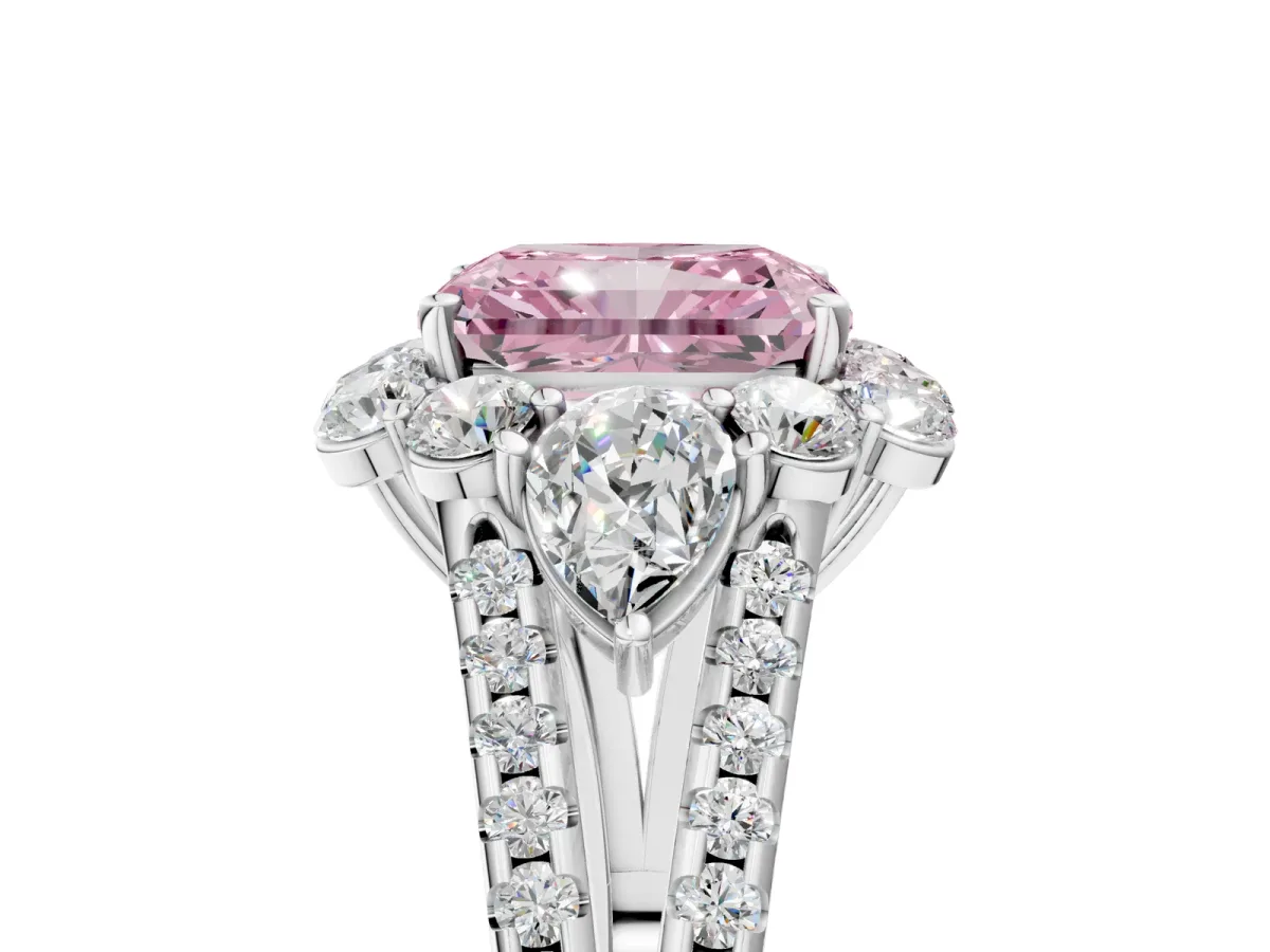 Fancy Pink Radiant Cut Halo Split Shank Diamond Engagement Ring with Prong Setting Platinum