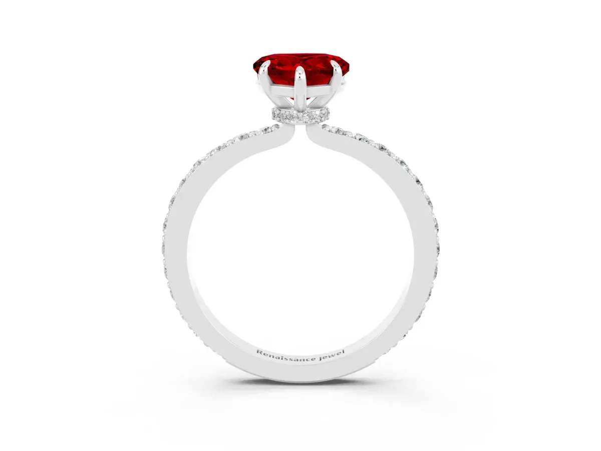 Heart Cut Ruby Solitaire Engagement Ring with Pavé Band and Four-Prong Setting Silver