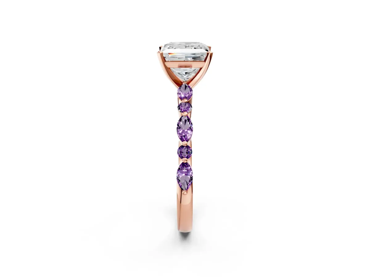Princess Cut Diamond Ring with Marquise and Round Amethyst Side Stones and Four-Prong Setting Rose gold