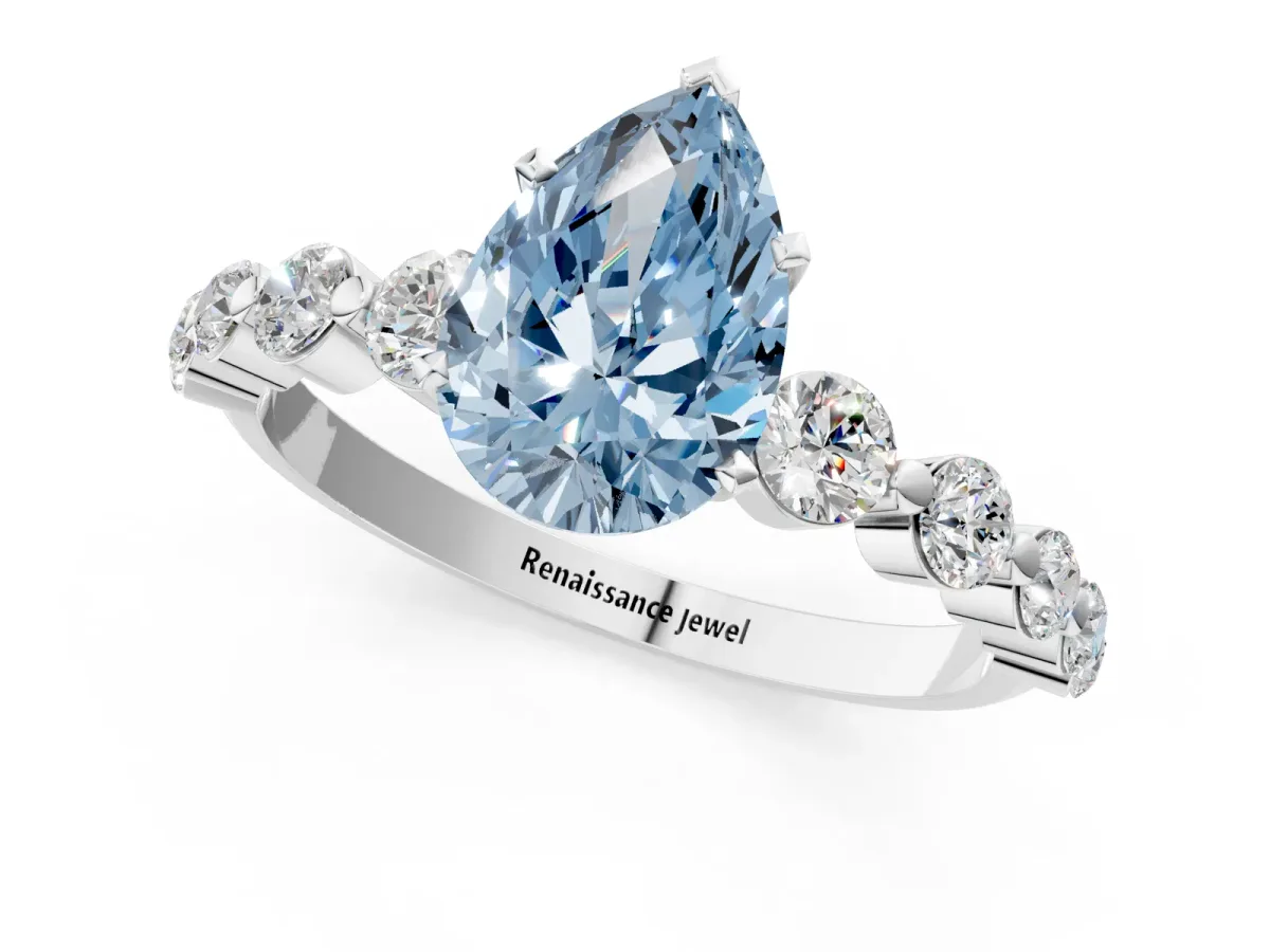 Fancy Blue Pear Cut Solitaire Diamond Ring with Pave Band and Four-Prong Setting Platinum